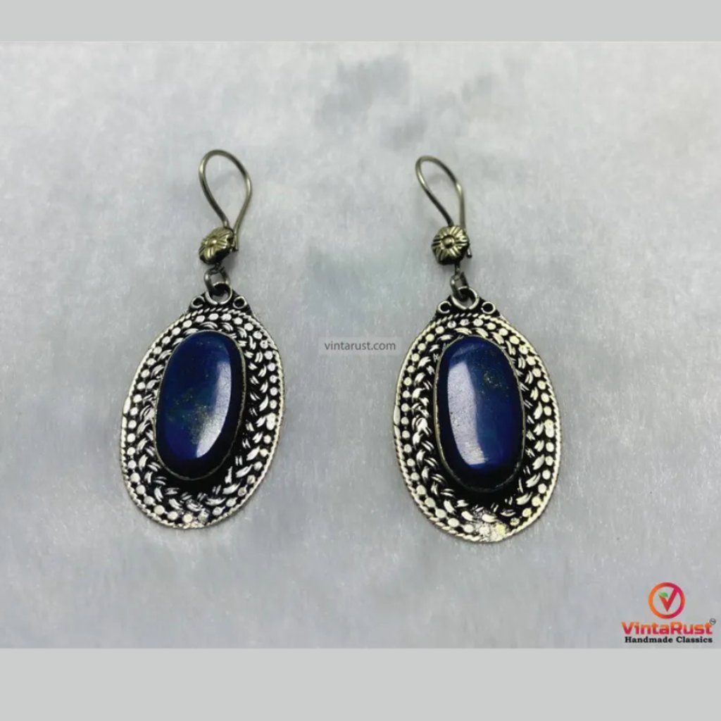 Traditional Lapis Lazuli Earrings: Oval Blue Gemstone Earrings Gift For Her